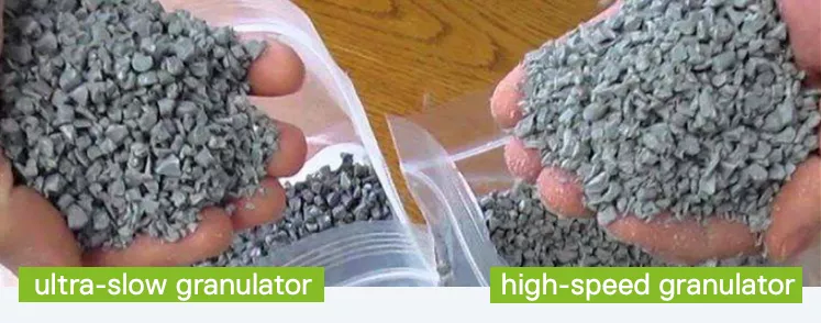 Two hands with granulate from an ultra-slow granulator (left) and high-speed granulator (right) 